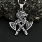 Viking Double Axe Wolf Head Pendant — SS