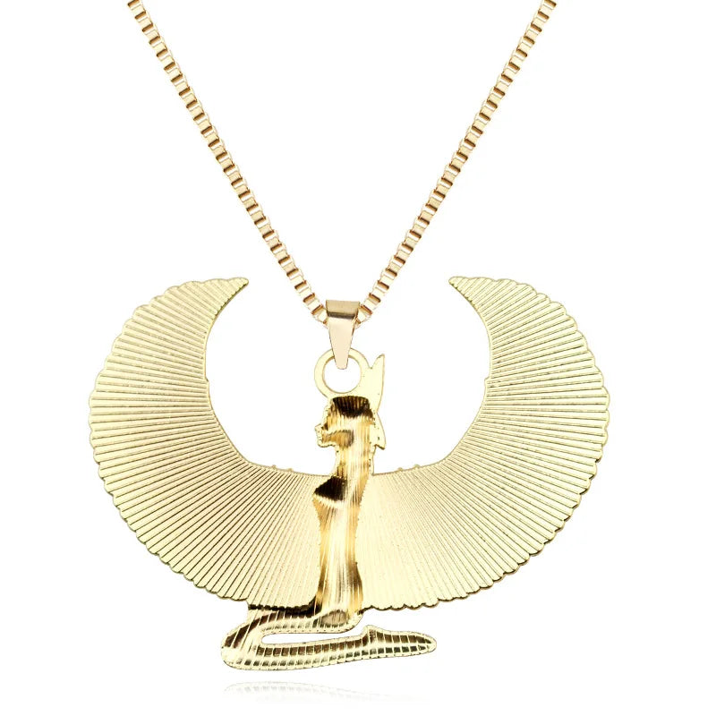 Egyptian Goddess Isis Wings Horus Pendant Necklace — Gold-Tone