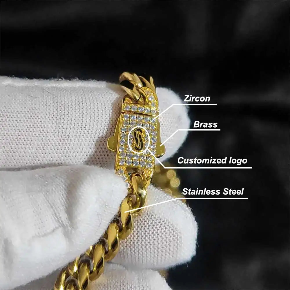 Gold Cuban Chain Necklace Iced Out 8MM Diamond Clasp