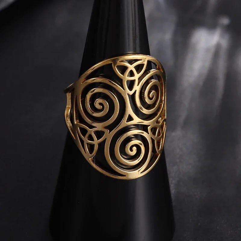 Stainless Steel Adjustable Triskele Rings Celtic Knot Spiral Amulet Rings for Women Triskelion Irish Jewelry Christmas