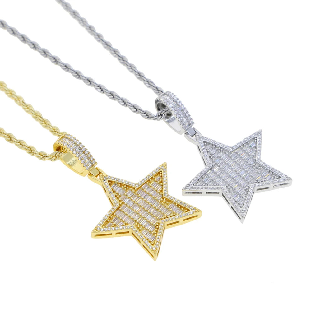 Iced Out Star Pendant Necklace Micro Paved Silver Color Cubic Zircon Prong Setting Charm For Men Women Hip Hop Jewelry