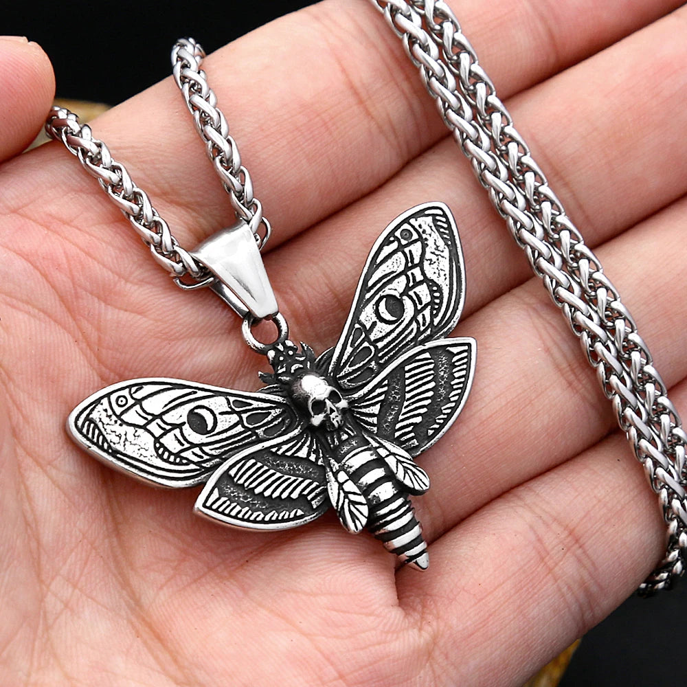 Death Head Moth Skull Pendant Necklace For Men Stainless Steel Gothic Punk Jewelry Halloween Animal Theme Collar Chain Gifts