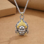 Vintage Plated Thai Silver Yellow God of Wealth Necklace, Gilded Buddha Statue Pendant, Holiday Birthday Gift