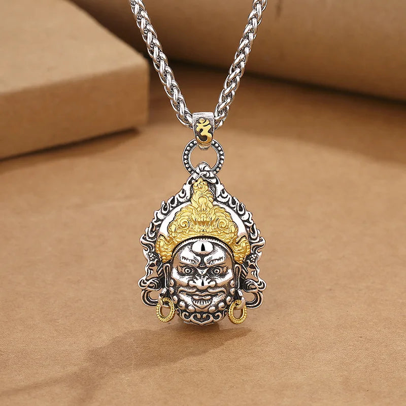Vintage Plated Thai Silver Yellow God of Wealth Necklace, Gilded Buddha Statue Pendant, Holiday Birthday Gift