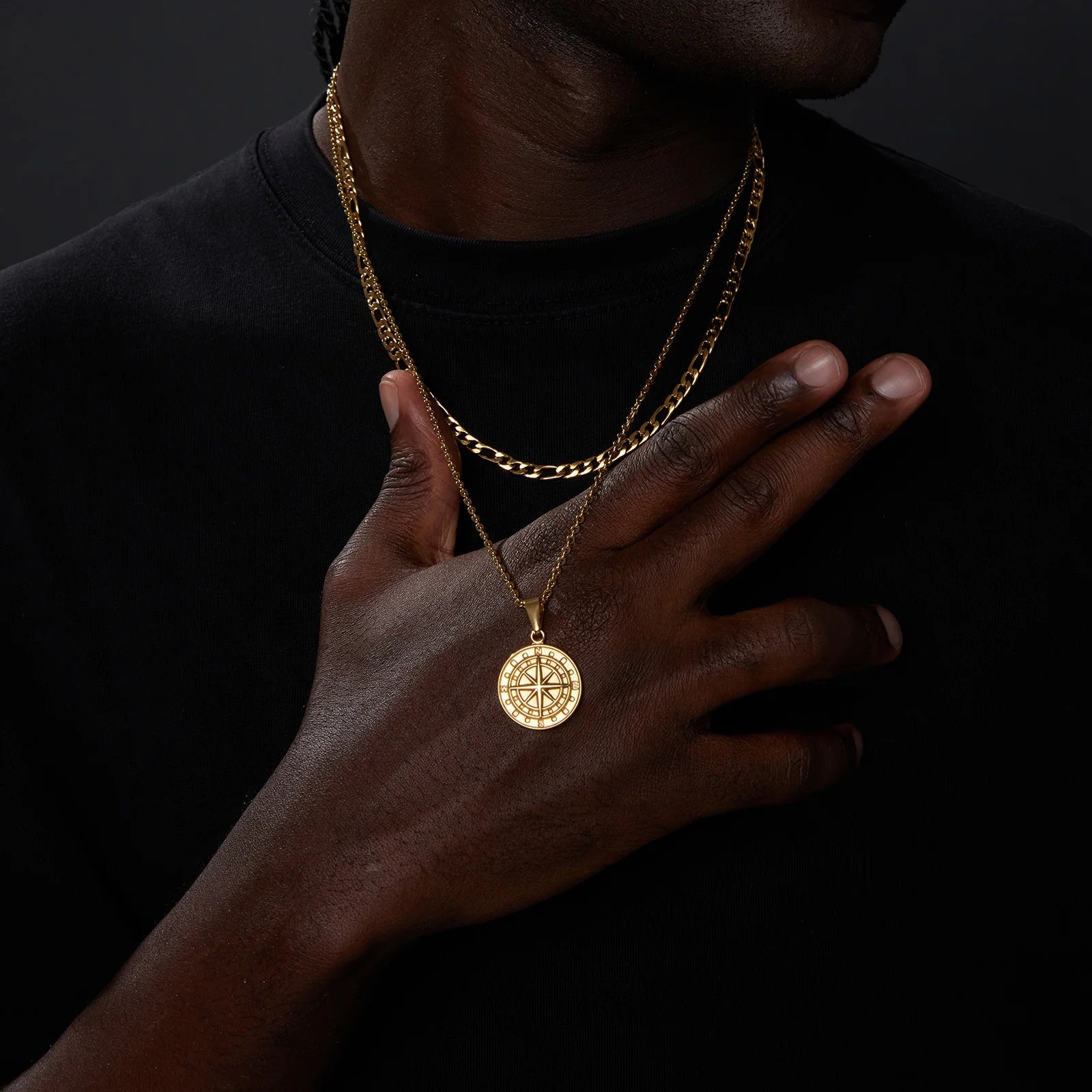 Layered Compass Cuban Figaro Necklace — Stainless Steel