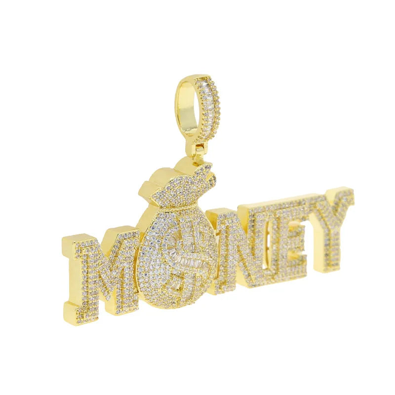 Iced Out Money Bag Pendant Necklace — CZ Pave, Gold-Tone, 60cm