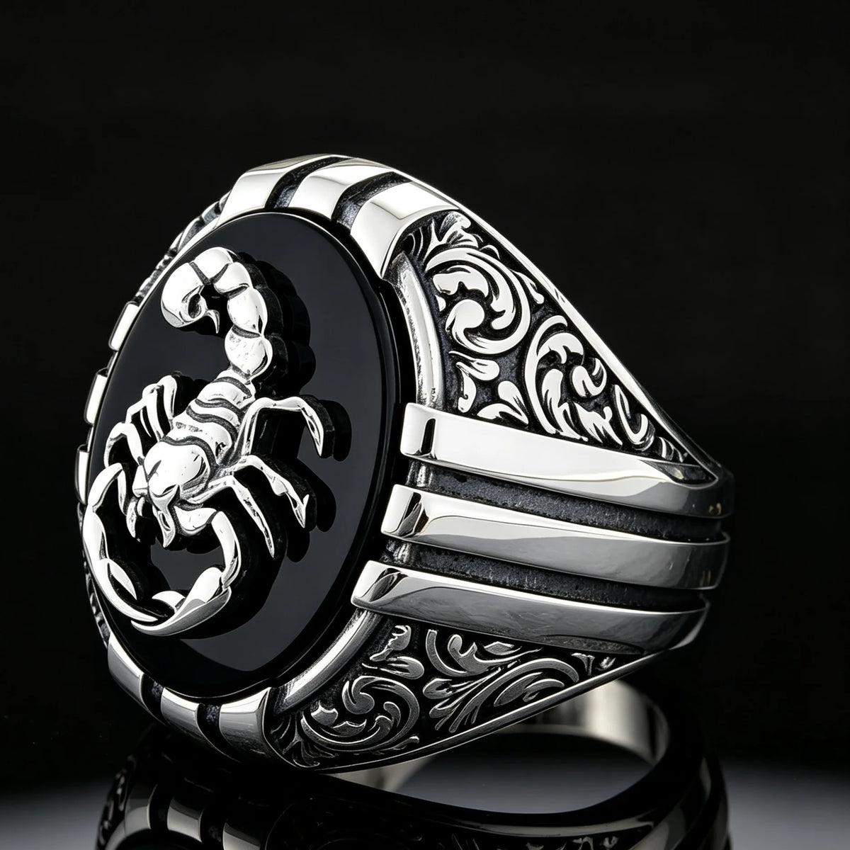 Vintage Scorpion Signet Ring for Men, Carved Black Onyx Inlay Punk Gothic Finger Ring, Scorpio Zodiac Statement Jewelry