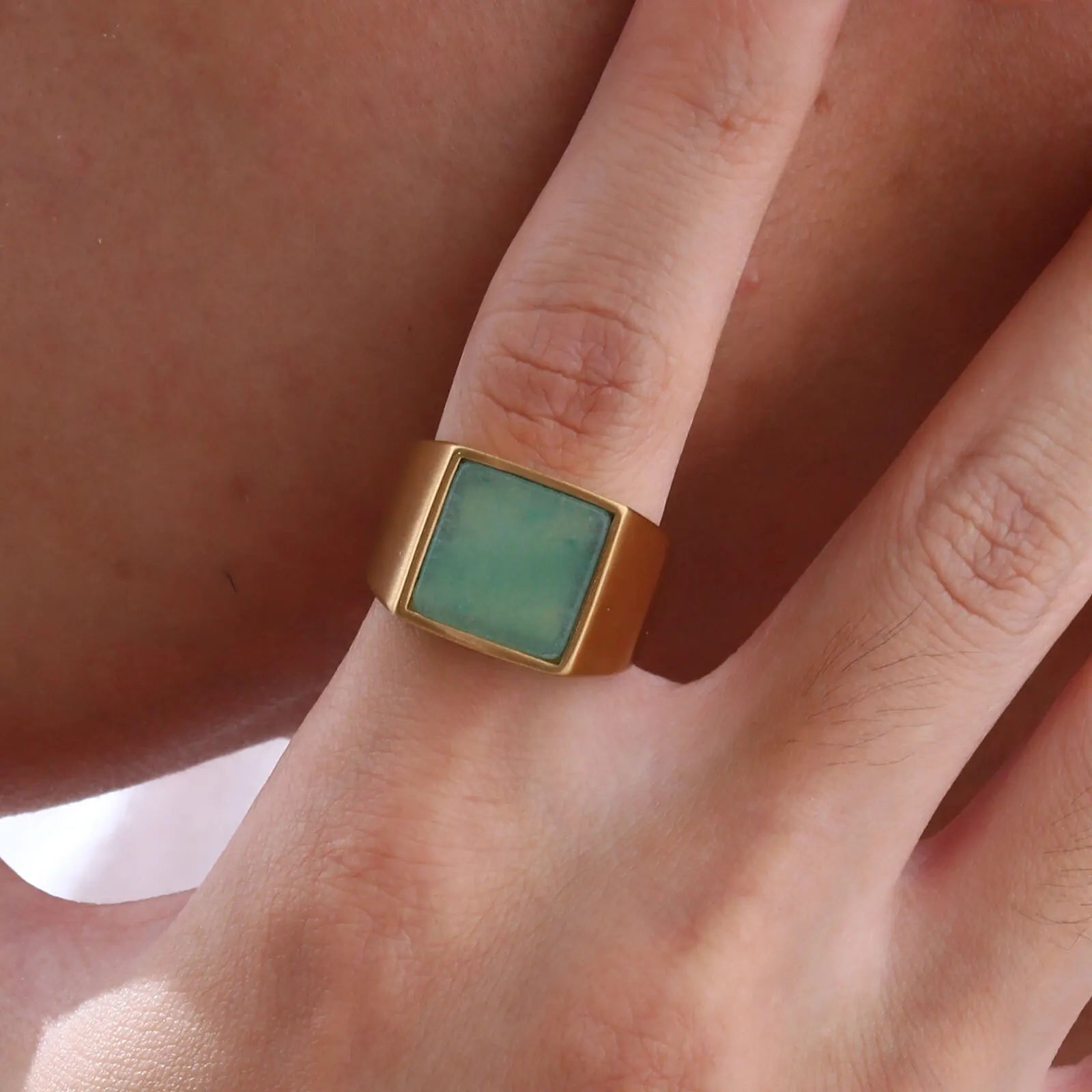 Gold Green Stone Signet Ring — Stainless Steel