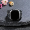 Masculine Black Agate Ring 12x14mm, Mens Vintage Sterling Silver Fine Jewelry, Wedding Band Gift for Him