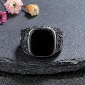Silver-Tone Black Agate Vintage Ring 12x14mm