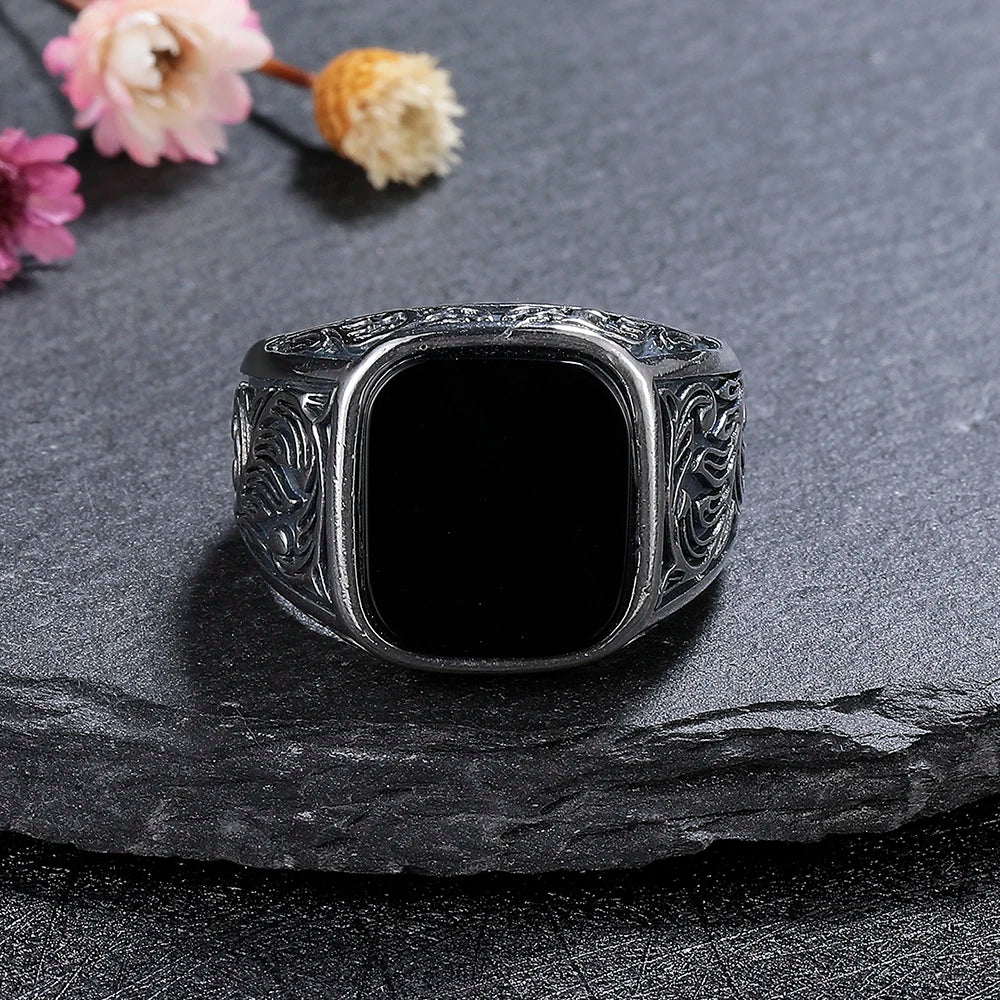 Masculine Black Agate Ring 12x14mm, Mens Vintage Sterling Silver Fine Jewelry, Wedding Band Gift for Him