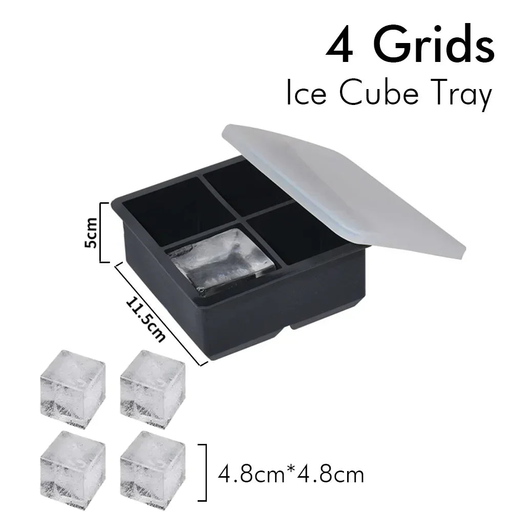 Ice Cube Tray Silicone Ice Ball Freezer Mold Square Ice Cube Maker with Lid 4/6/8 Grids for Whiskey Cocktail Coffee