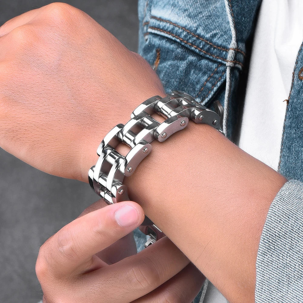 Solid Stainless Steel 22MM Width Motorcycle Bike Chain Men Bracelet Wristband Male Bangles Rock And Roll Men's Jewelry