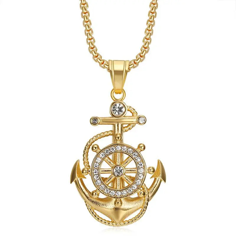 Iced Out Anchor Ship Wheel Pendant Necklace — Stainless Steel