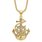 Iced Out Anchor Ship Wheel Pendant Necklace — Stainless Steel