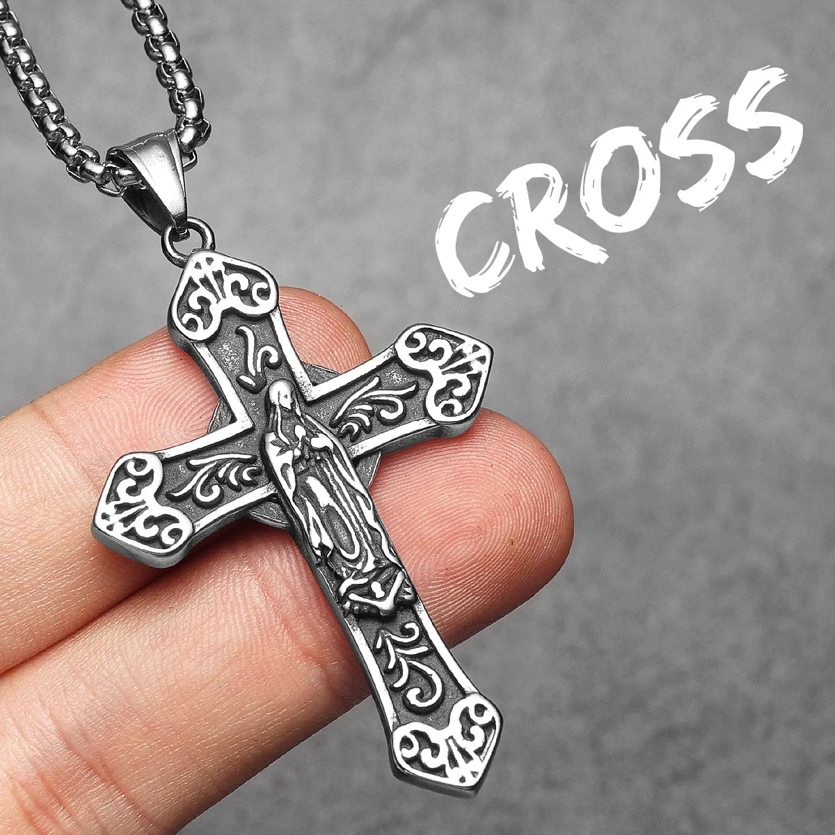 Cross Virgin Mary Pendant Necklace Stainless Steel