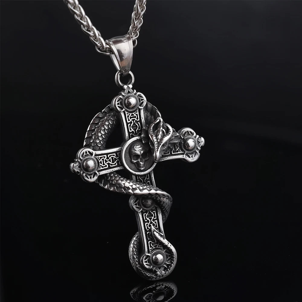 Gothic Skull Cross Dragon Pendant Necklace — Stainless Steel