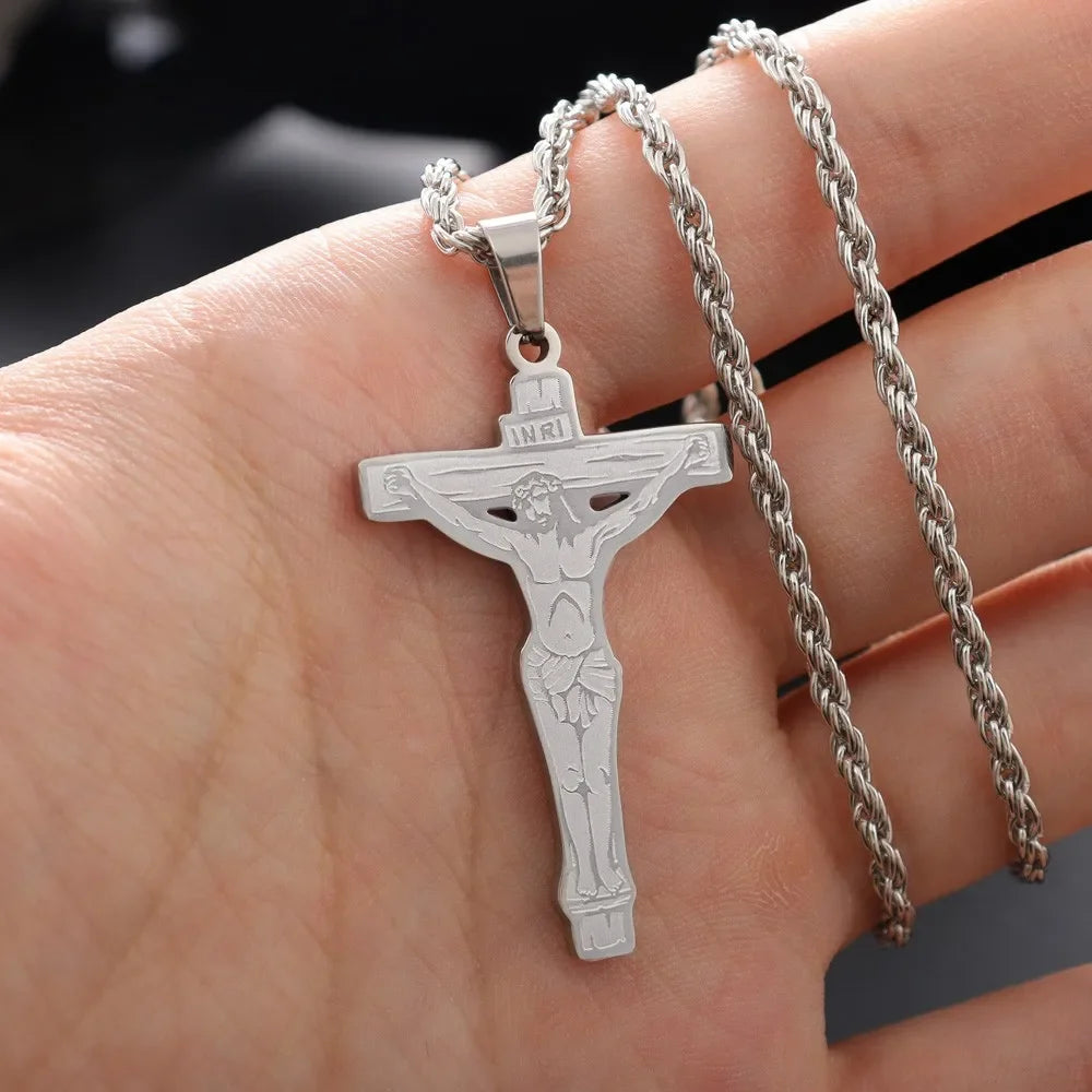 Jesus Cross & Saint Benedict Pendant Necklace — Stainless Steel