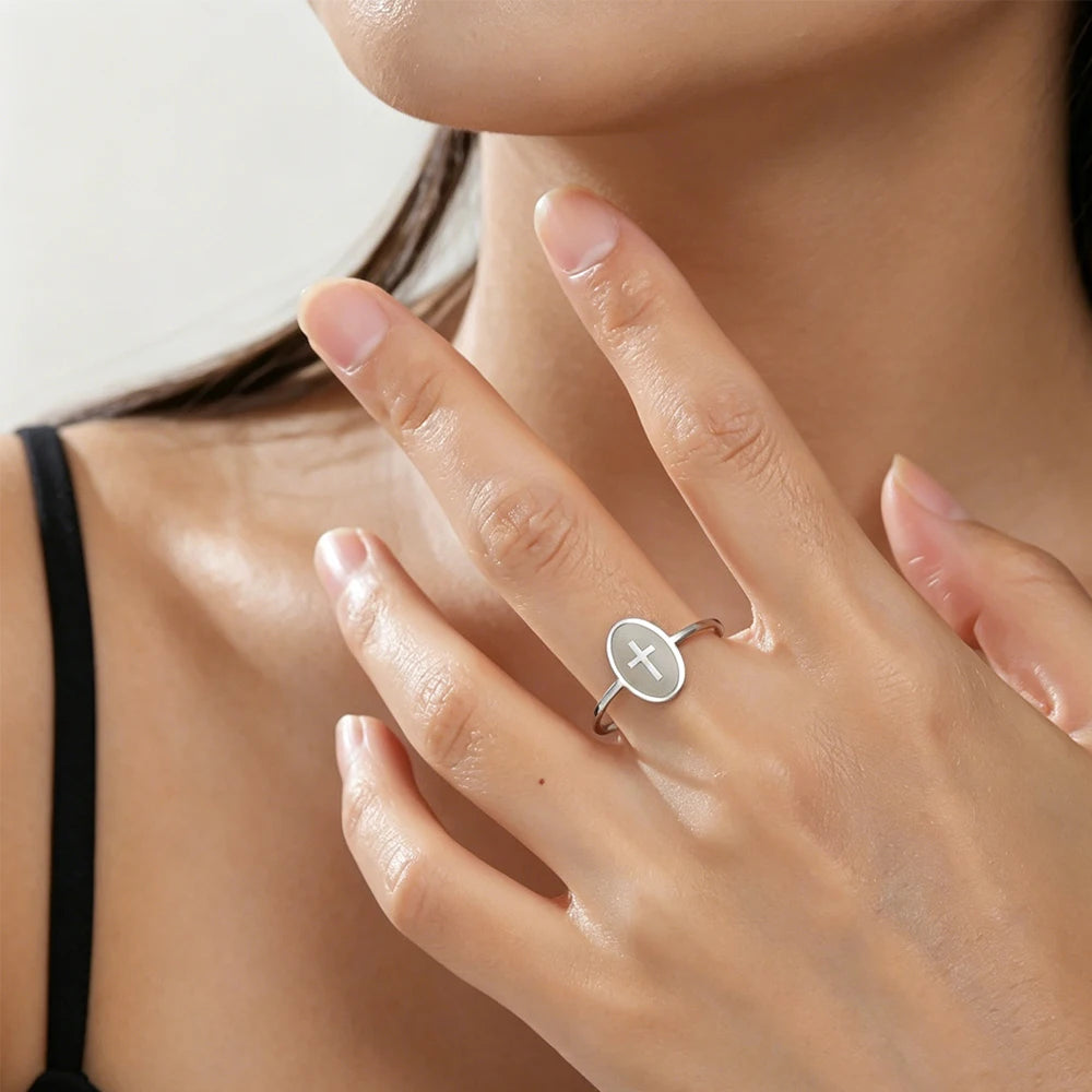 Skyrim Cross Oval Ring Women Men Stainless Steel Simple Couple Rings Hip Hop Religious Christian Jewelry Gifts