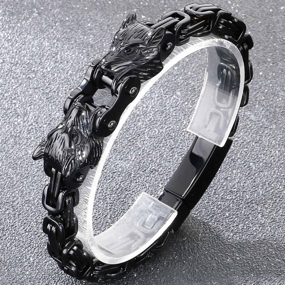 Double Wolf Head Link Chain Bracelet for Man 316L Stainless Steel Biker Charm Bracelets Vintage Punk Motorcycle Viking