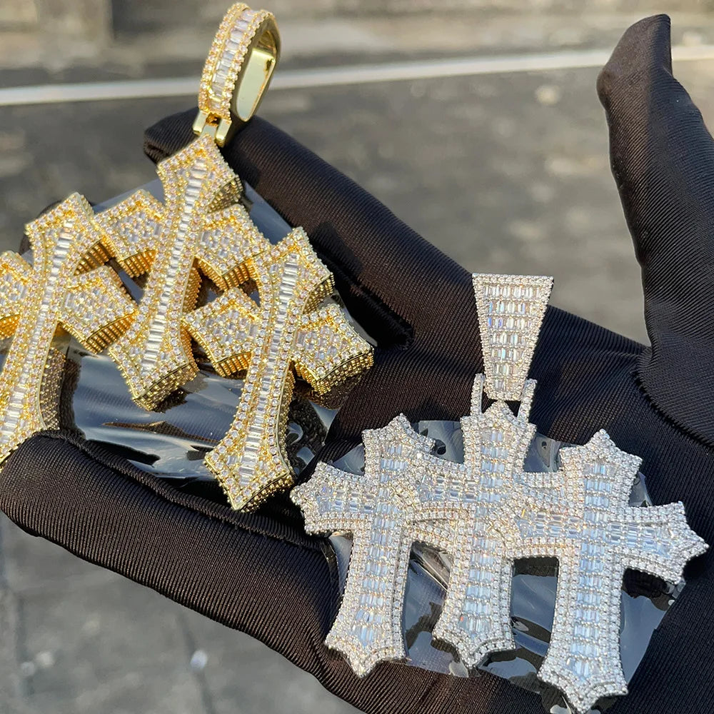 Cross Pendant Necklace Iced Out Three Baguette