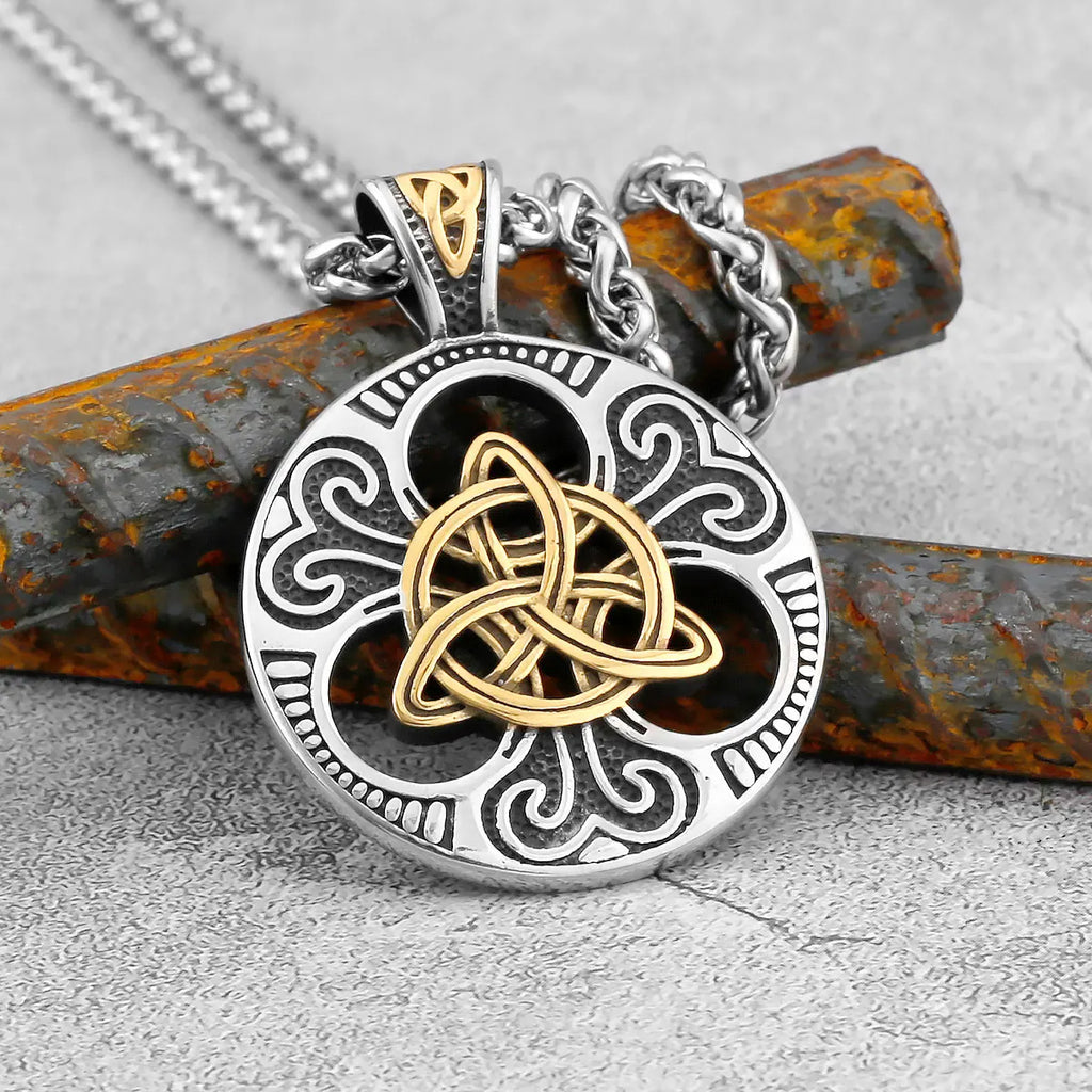 Retro Norse Rune Celtic Knot Necklace Gold Color Stainless Steel Viking Symbols Valknut Pendant Punk Male Gift Jewelry