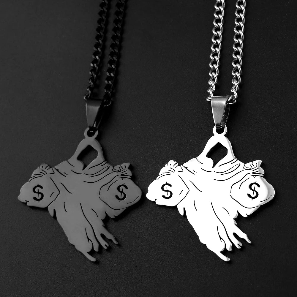 Money Bag Dollar Sign Pendant Necklace — Stainless Steel