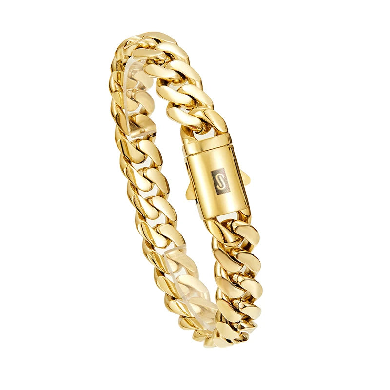 8mm-14mm Hip Hop Bling Gold Color Stainless Steel Cuban Miami Chains Necklaces Link Chain for Men Rapper Jewelry