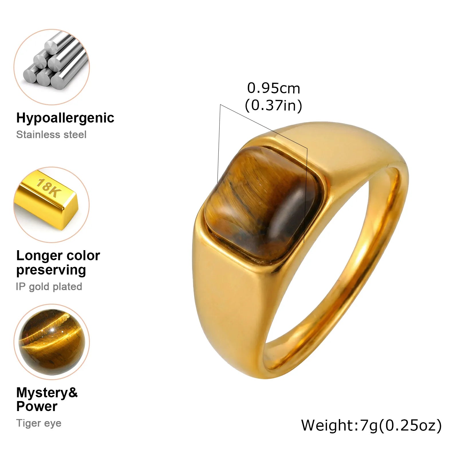 Gold Color Pinky Ring for Men Women,Stainless Steel Tiger Eye Stone Signet Ring,Dainty Chic Party Jewelry Gift