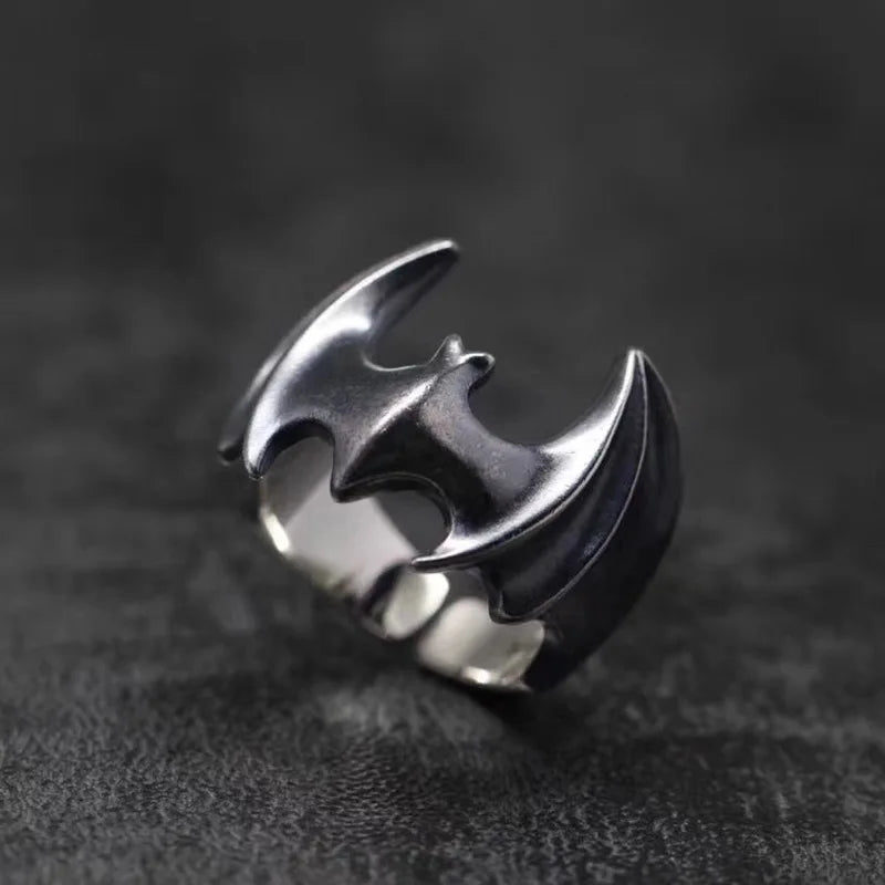Buyee 925 Sterling Silver Male Big Ring Finger Black Bat Open Ring for Women Men Fashion Animal Punk Fine Jewelry