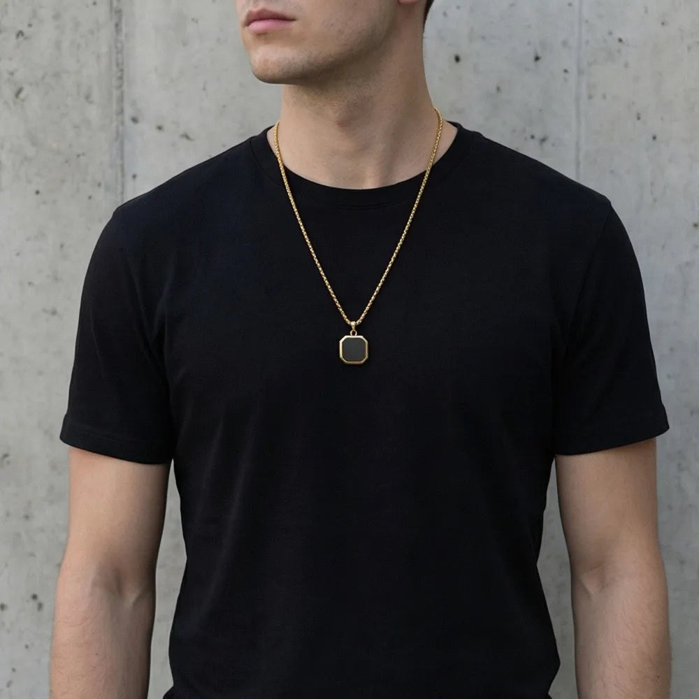 Punk Style Black Square Pendant Necklace For Men Women Hip Hop Stainless Steel Gold Color Neck Chain Rock Jewelry Cool Fashion