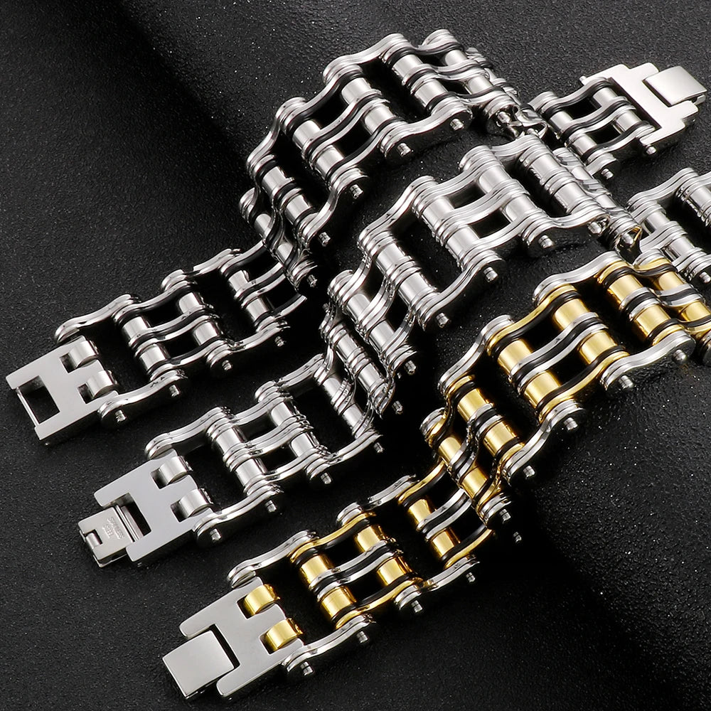 Punk Rocker Bikers' Bracelet for Man 24MM Width Stainless Steel Bicycle Link Chain Men's Bracelets Wristband Jewelry