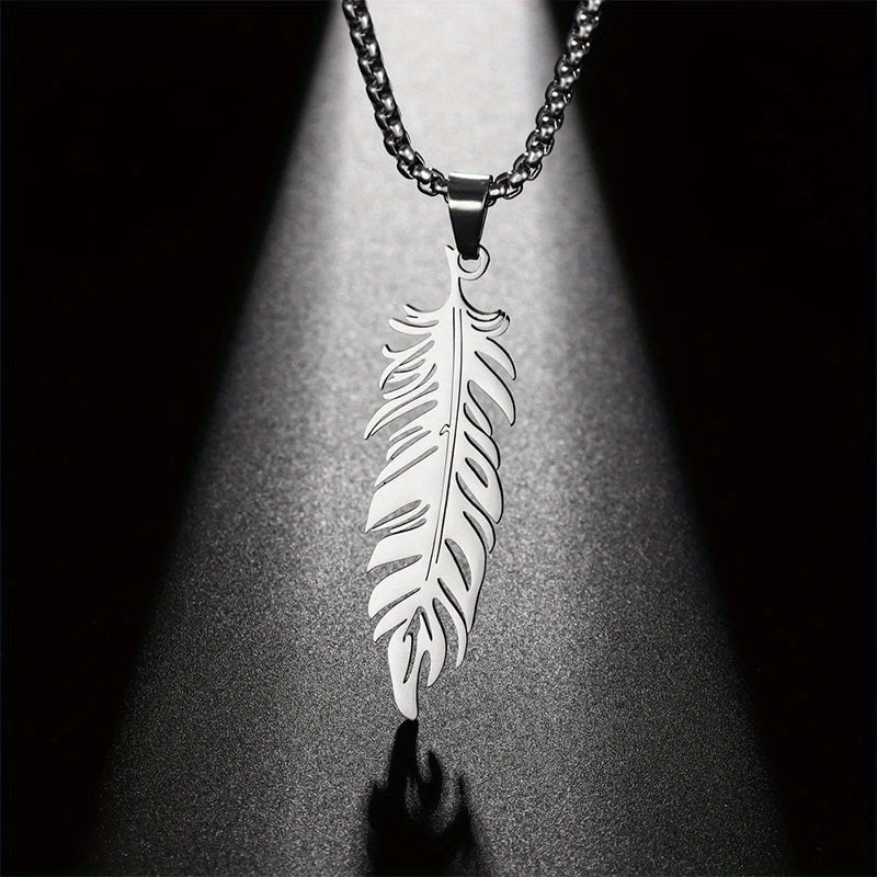 Men's Stainless Steel Feather Pendant Necklace Trendy Fashion Hip Hop Punk Jewelry Accessories Gift For Best Friend