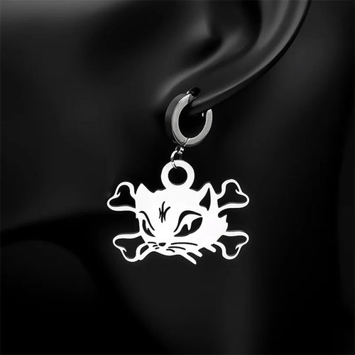 Cat Silver Earrings Vintage Head Bone Hoop Gothic