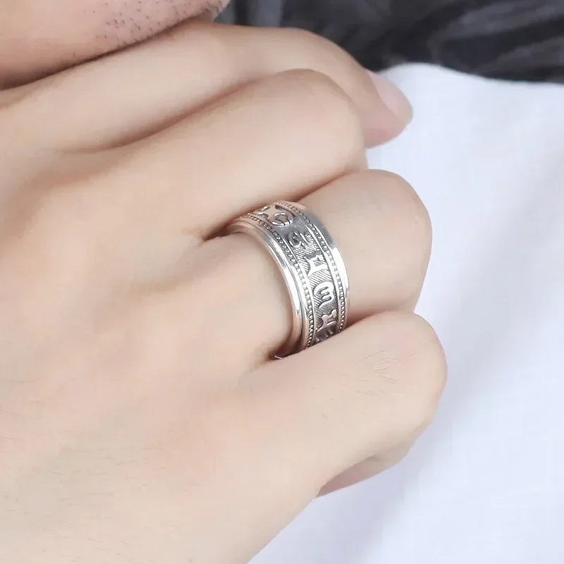 925 Thai Silver Craft Mens Rings Rotable Stereoscopic Embossed Design Vintage Glossy Six-character Mantra Domineering Jewelry