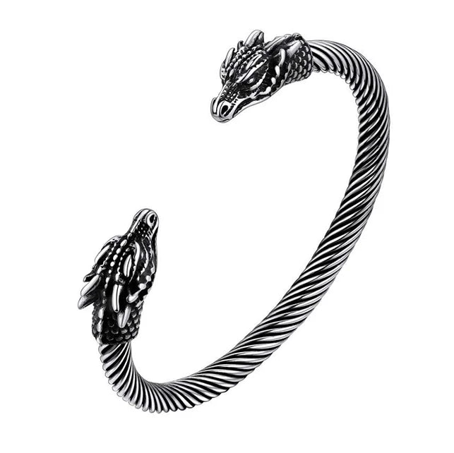 U7 Stainless Steel 6mm Wide Twristed Cable Open Bangle Cuff for Man Skull Dragon Long Charm End Rock Gothic Punk Jewelry Gift