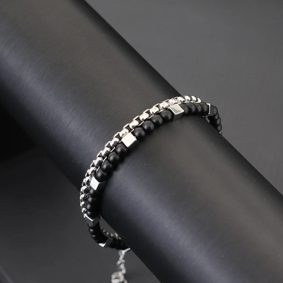 Punk 2Pcs/set Natural Stone Bracelet Men Stainless Steel Chain Tiger Eyes Hematite Beaded Braslet Cool Boyfriend Gifts For Him