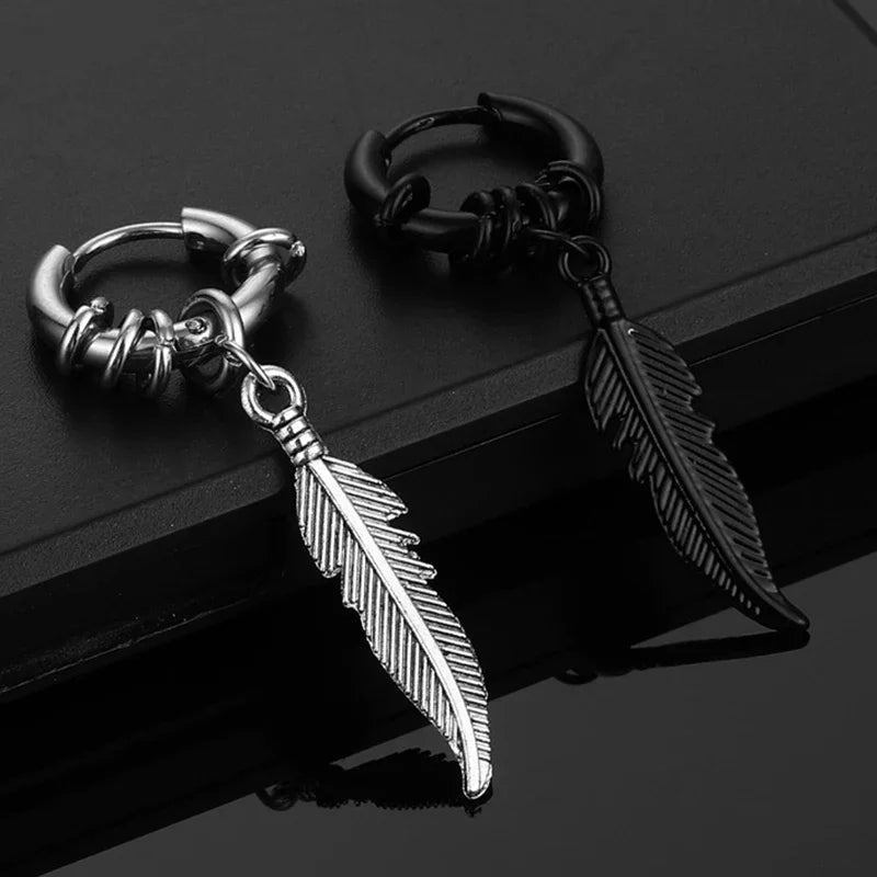 Feather Dangle Huggie Hoop Earrings for Men — Stainless Steel