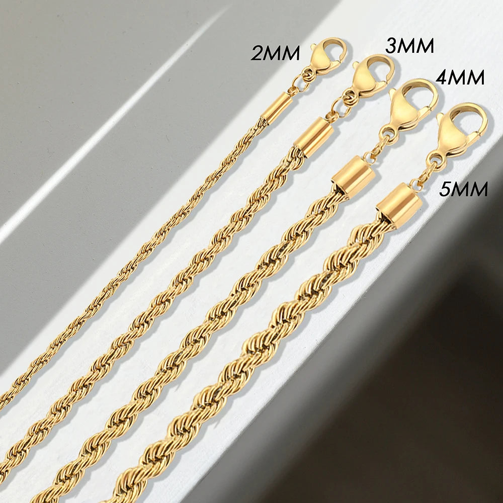 EManco Rope Chain Necklace Stainless Steel Never Fade Waterproof Choker Men Women Jewelry Gold Color Chains 3/4MM Wholesale