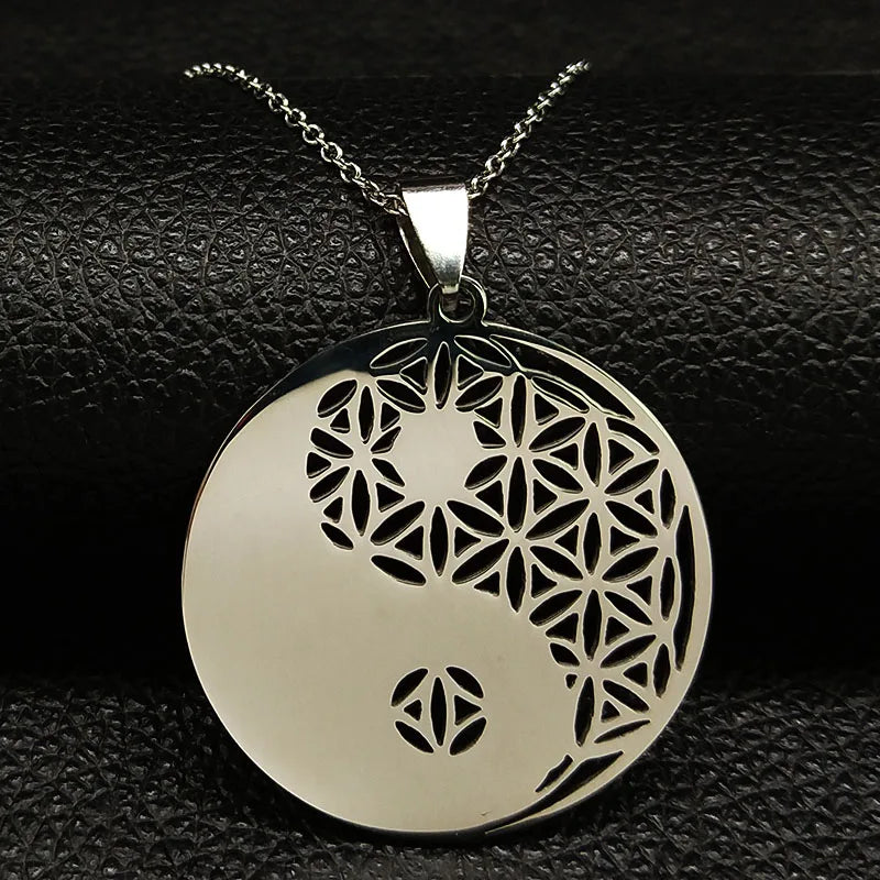 Yin Yang Flower of Life Stainless Steel Necklace for Women Men Silver Color Necklaces & Pendants Jewelry bisuteria N428-QKCS02