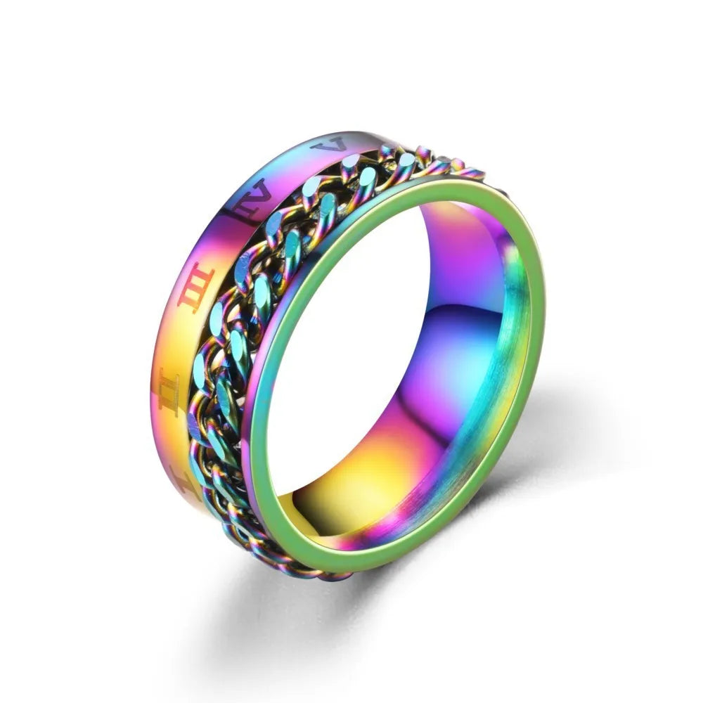 Roman Numerals Stainless Steel Chain Rotating Anxiety Black Rings For Men Fidget Metal Spinner Knuckle Ring Anillos De