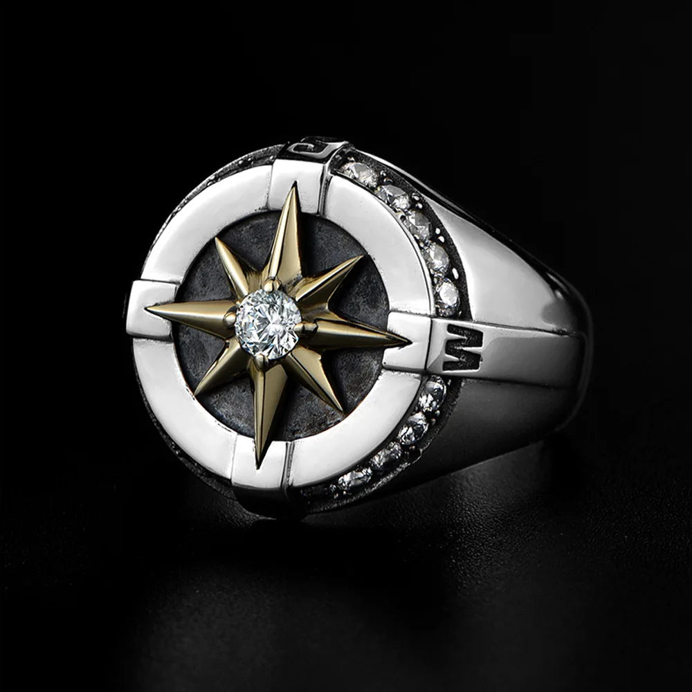 Eight Pointed Star Compass Ring — Adjustable Open, CZ Accent