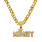 New Iced Out Bling Rhinestone Letters Money Pendant Necklaces,With Cuban Chain Money Bag Dollar Sign Men's Women Hip Hop Jewelry