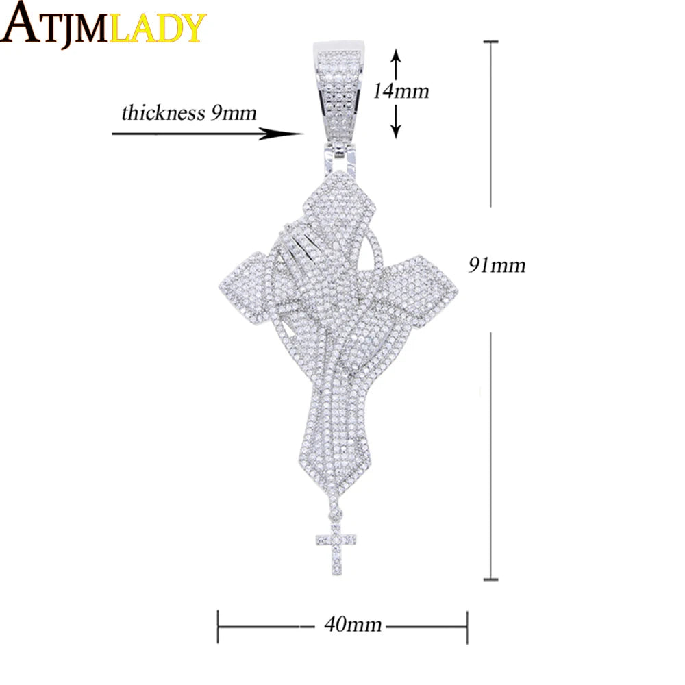 2026 New Iced Out Cross Pendant Necklace For Women Men Star Link Chain Praying Hands Bling CZ Charm Fashion Hip Hop Jewelry