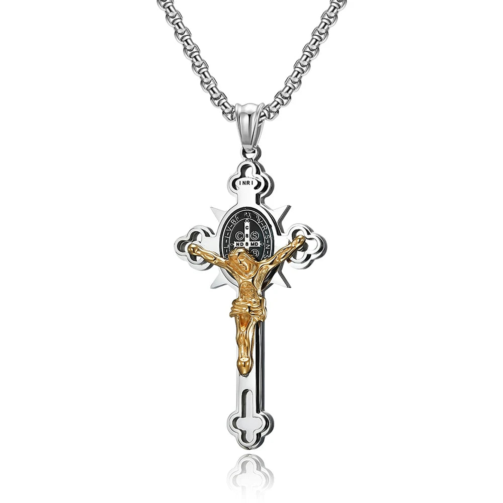 Vintage Christian Jesus Cross Pendant Necklace Men's Stainless Steel Religious Jesus Necklaces Prayer Baptism Jewelry Wholesale