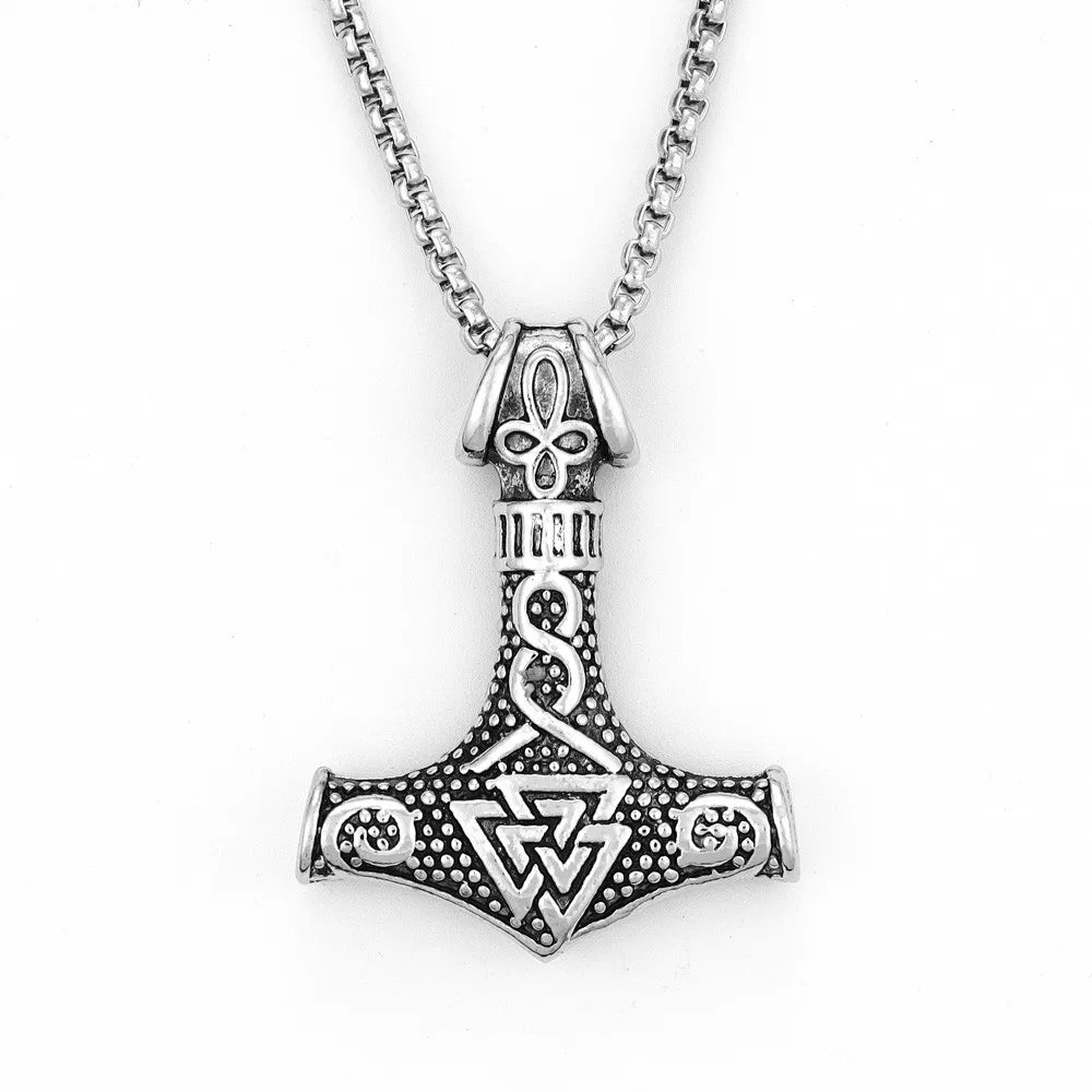 Vintage Viking Animation Style Pendant Necklace Titanium Steel Nordic Thor Hammer Triangle Knot Pendant Men's Necklace