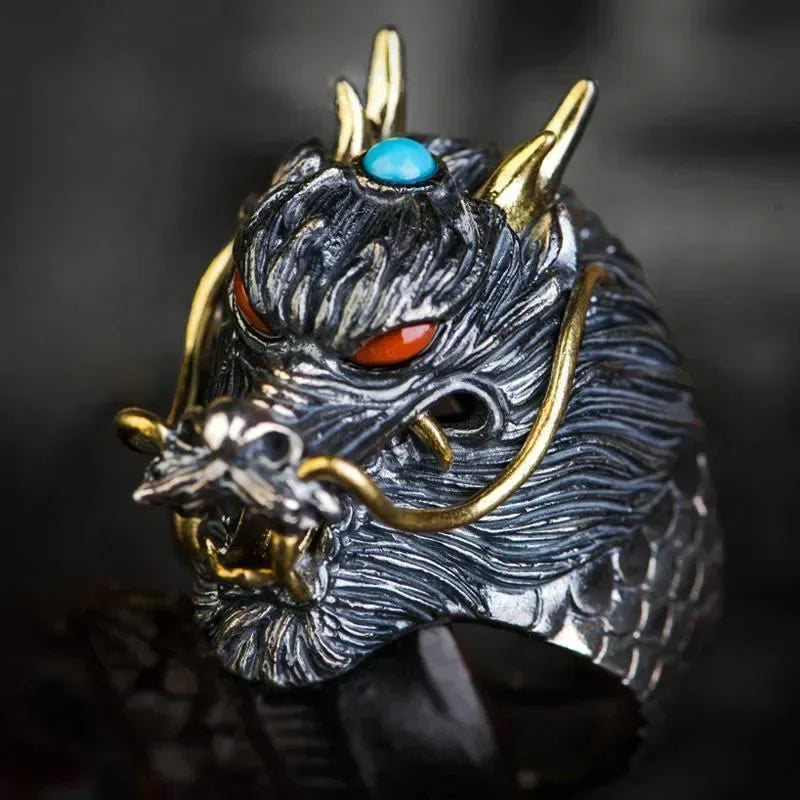 Retro Domineering Ethnic Style Fire-Breathing Dragon Ring Men\\\\\'s Charm Open Ring Punk Motorcycle Rider Jewelry Accessories