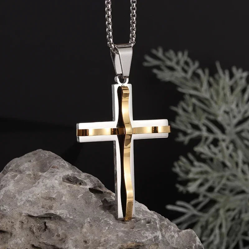 Vintage Christian Jesus Cross Stainless Steel Pendant Little Angel Prayer Necklace Men Women Faith Amulet Jewelry