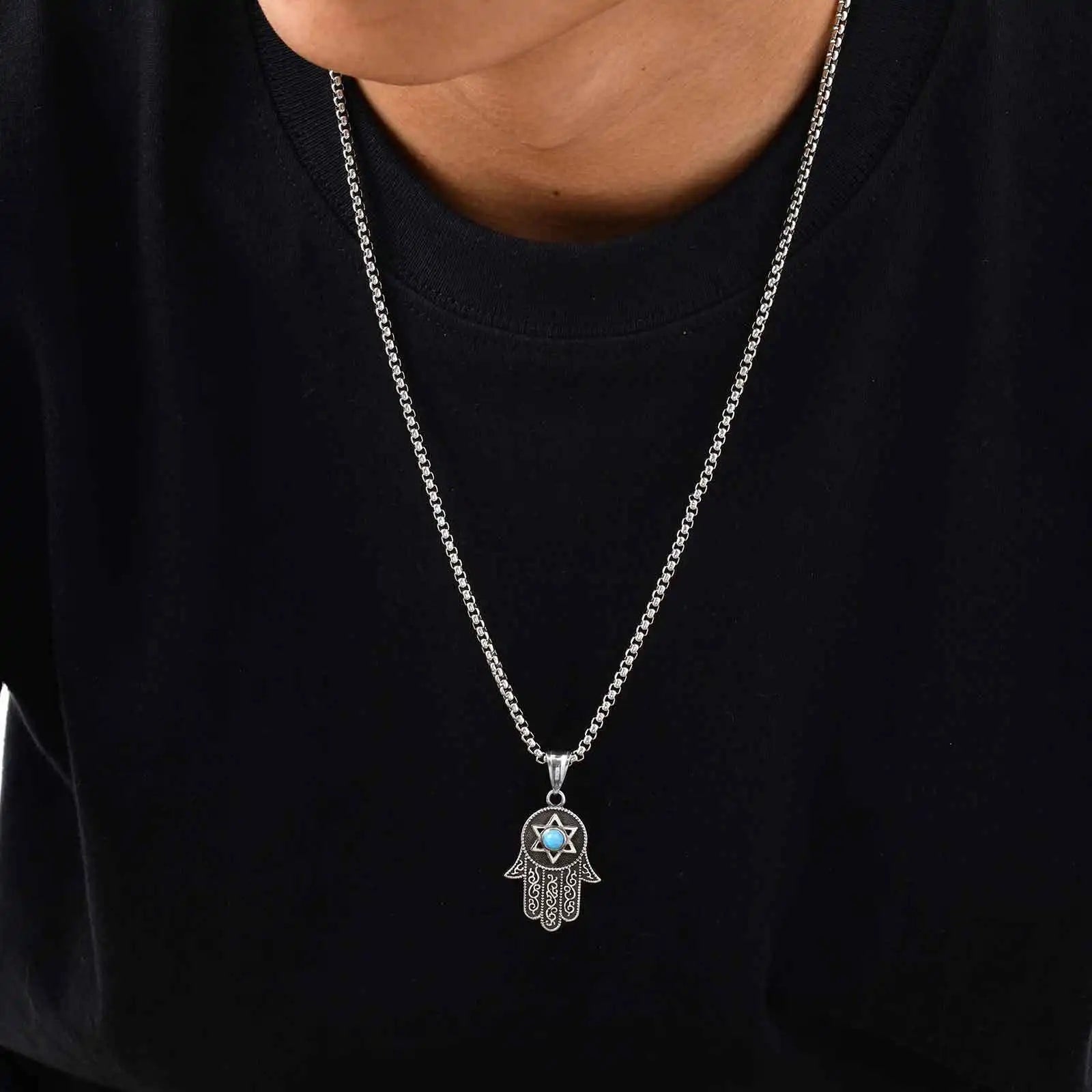 Turquoise Hexagram Pendant Necklace — Stainless Steel