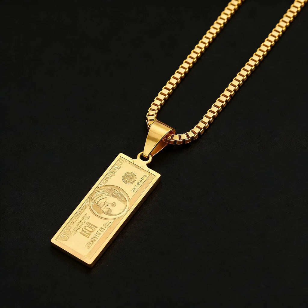 Luxury 24K 9999 Pure Gold real gold Dollar Small Banknote Pendant Men's Necklace